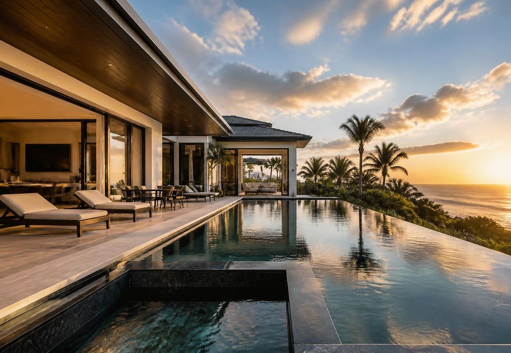 Piscina de borda infinita em residência de alto padrão ao entardecer